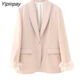 Yipinpay Women Fashion Feathe Sleeve Blazer Suit Set 2023 Solid Color Single Button Jackets Loose Wide Leg Pants Костюм Mujer