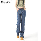 Yipinpay Autumn Winter Stretch High Waist Wide Leg Jeans Woman Blue Casual