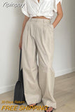 Yipinpay Beige Pleated High Waist Pants Pockets Office Ladies Wide Legs Pants Womens Casual Loose Work Trousers Summer 2023