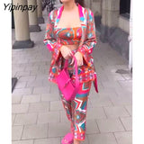 Yipinpay Women Fashion Print Autumn Shirts+Long Pants Set New 2023 Female 3PCS Sets Casual Top With Belt Street Outwear Mujer