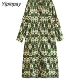 Yipinpay 2023 Summer Women Printed Shirt Dresses Elegant O-neck Single Breasted Dress A-line Long Sleeve Mid-Calf Vestidos