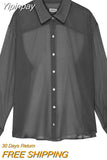 Yipinpay Shirt for Women Harajuku Autumn Clothes 2023 Long Sleeve Vintage y2k Button-Down See-Through Loose Shirt for Ladies