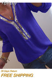 Yipinpay Women Sequins T-shirts Fall Winter 2023 Top Clothes Vintage 2000s Clothes y2k Luxury V Neck Long Sleeve Top Office Ladies