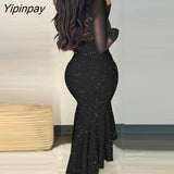 Yipinpay Women Glitter V Neck Lace Patch Asymmetrical Mermaid Bodycon Formal Party Sexy Midi Dress