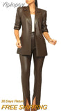 Yipinpay New PU Leather High-end Solid Suit Set Women Of Quality Office Lady 3/4 Sleeve Long Pants Slim Women 2 Piece Set