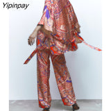Yipinpay New Woman Japan Style Print Shirts Pants Sets 2023 Fashion Loose Kimono Long Sleeve Blouse With Belt Trousers Casual Set