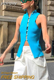 yipinpay Casual Button Women Knitted Sweater Y2K Vest Cardigans Crop Tops 2023 Skinny Sleeveless Sexy V Neck Tank Top Club T Shirt