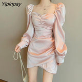 Yipinpay Long Sleeve Elegant Evening Dress Midi Autumn Winter Korean Sexy See Through Dress Club Bodycon Solid High Waist