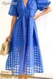Yipinpay Women Elegant Hollow Out Puff Sleeve Dress 2023 Summer Fashion Chic V-Neck Mesh Midi Frock Party Banquet Trend Ladies Vestido