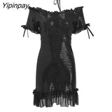 Yipinpay New Spring/Autumn Women Dress Sexy Slim Shiny Black Party Dress Female Bodycon Dress