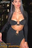 yipinpay 2023 Autumn Summer Club Fashion Long Sleeve Women Crop Tops And Sexy Long Hight Waisted Split Skirt Dress Two Piece Set