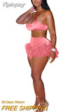 Yipinpay Feather Fringe Shorts Crop Top Two Piece Set Summer Women Sexy Bodycon Tracksuit Party Outfits 2023 Swimsuit Cover-up