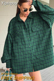 Yipinpay Green Shacket Oversize Shirts Women Dropped Shoulder Street Style Plaid Blouses Double Pockets Casual Loose Top 2023
