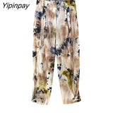 Yipinpay Summer Women Print Blouse Pants Sets 2023 Casual Long Sleeve Short Shirt Tops Elastic Waist Pants Outwear