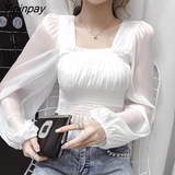 Yipinpay Square-neck Blouse Women New Design Puff Sleeve Chiffon Shirt Thin Tops Dropshipping