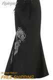 Yipinpay Gothic Mermaid Skirt Long Women Vintage Chinese Dragon Print High Waist Lace Up Slim Goth Black Maxi Skirt Streetwear