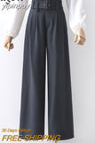 yipinpay Female High Waist Wide Leg Pants Loose Casual Belt Fashion 2023 Spring Autumn Long Suit Pants Womens Black Trousers OL