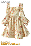 Yipinpay Style Elegant Floral Midi Sundress Woman Long Sleeve Y2k Mini Dress Party Casual Korean Fashion Dress Chiffon 2023 Summer 911