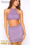 Yipinpay Womens Knitted Skirt Suit Solid Color Sleeveless Tie Back Halter Crop Tops With Summer Mini Skirt Club Street Style S M L