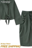 Yipinpay Knot Pencil Long Skirt Women High Waist Pleated Split Skirt Sets Streetwear Summer Skirts Woman 2023 Elegant Midi Skirts
