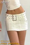 yipinpay Low Waist Micro Skirts Summer Clubwear Bottoms Sexy Basic Belted Mini Skirt Streetwear Pockets White Denim Skirt