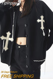 Yipinpay Y2k Grunge Sweater Cardigan Women Korean Streetwear Autumn Loose Black Goth Long Sleeve Top Button Knitted Sweater Coats