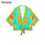 Yipinpay 2pcs Women Printed Pant Shirt Sets 2023 Summer Fashion Turn Down Collar Bow Blouse+Elastic Waist Wide Leg Pants Outwear