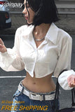 yipinpay Blouse Hollow Out Crop Top Y2K Clothes Long Sleeve Top Autumn Spring Solid Turn Down Collar Streetwear Button Up Shirt