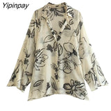 Yipinpay Summer Women Floral Printed Thin Blouses Shirt 2023 Translucent Material Turn Down Collar Tops Single Breasted T-Shirts