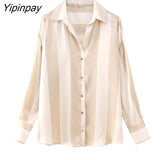 Yipinpay 2023 New Women Thin Striped Blouses Shirt Summer Causal Turn-Down Collar Tops Vintage Single Breasted Loose T-Shirts