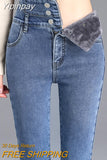 Yipinpay Leggings Jeans Women Velvet Thicken Warm Pencil Pants Casual High Waist Female Korean Thermal Straight Skinny Denim Trousers