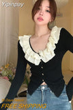 Yipinpay Short Long Sleeved Top French Ruffle Style Knitted Cardigan Mujer Y2k Sueter V Neck Outwear Black Striped Sweaters Top