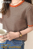 Yipinpay Japan O Neck Short Sleeve Striped Tshirts Women Summer Contrast Tops Clothing Fashion Wild Tees Cotton Y2k Shirt
