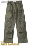 Yipinpay Retro Multi-Pocket Overalls Women's Y2K Street Hip-Hop Casual Pants Unisex Trend Loose Straight Leg Overalls Women's