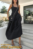 Yipinpay A-Line Black Tank Dress Ankle-Length Women Casual Vacation Long Dress Sexy Ladies Square Collar Drap Dress Maxi 2023