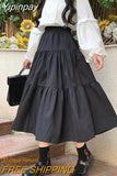 Yipinpay Kawaii Black Long Skirts Women Lolita White Patchwork High Waisted Midi Skirt Autumn Japanese Soft Girl Preppy Style