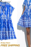 Yipinpay Blue Mini Dress Woman Vintage Print Short Dresses For Women 2023 Ruched Short Sleeve Loose Casual Summer Women's Dresses
