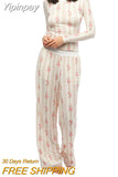 Yipinpay Women's Y2K Retro Vintage 2Pcs Pajamas Set Outfits Mini Dot/Floral Print Long Sleeve Tops +Long Pants Loungewear Suit