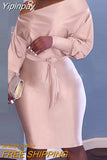 Yipinpay Women Chic Solid Glamorous Diagonal Collar Long Batwing Sleeves with Belt Bodycon Midi Sexy Formal Pink Dress
