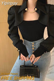 Yipinpay Lady Solid Color Patchwork Shirt Fake Two Spring Autumn Women's Clothing Korean Fashion Button Chain Blouse Slim Tops