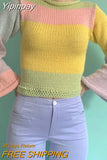 Yipinpay Vintage Rainbow Striped Knitted Sweaters Autumn Winter Crimping Long Sleeve Cropped Pullovers Jumpers Streetwear Chic Women