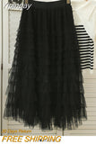 Yipinpay Style Knee Length Skirt For Women 2023 Y2k Elastic Band Fairy Long Skirts Female For Dinner Maxi Tulle Skirt Pink Coffee