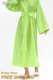 Yipinpay Cotton Linen Long Green Summer Dresses Woman Belt Notched Office Women Dress A-Line Elegant Split Dress Robe Femme