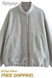 Yipinpay Grey Bomber Jacket Woman Warm Winter Coat For Women Oversize Baseball Jacket Fashion Streetwear Long Sleeve New In Jackets
