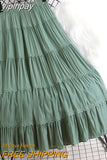 yipinpay 2023 Summer Long Skirt Women Simple Casual Lace Patchwork Pleated High Waist Midi Skirts A-line Swing Faldas Jupe Pink