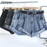 Yipinpay High Waist Retro Wide Leg Denim Shorts Women 2023 Summer New Loose Curling Short Feminino