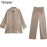 Yipinpay 2pcs Women Geometric Print Pant Shirt Sets 2023 Summer Long Sleeve Turn Down Collar Blouse+Wide Leg Trouser Causal Outwear