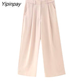 Yipinpay Women Fashion Feathe Sleeve Blazer Suit Set 2023 Solid Color Single Button Jackets Loose Wide Leg Pants Костюм Mujer