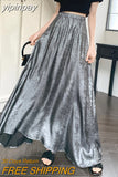 yipinpay Vintage Metallic Maxi Skirts Women Street Casual High Waist Long A-line Skirt Chic Korean Black SGothic Faldashiny