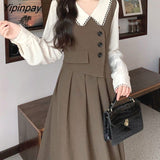 Yipinpay Retro Stitching Fake Two Piece Dress Female Autumn Doll Collar